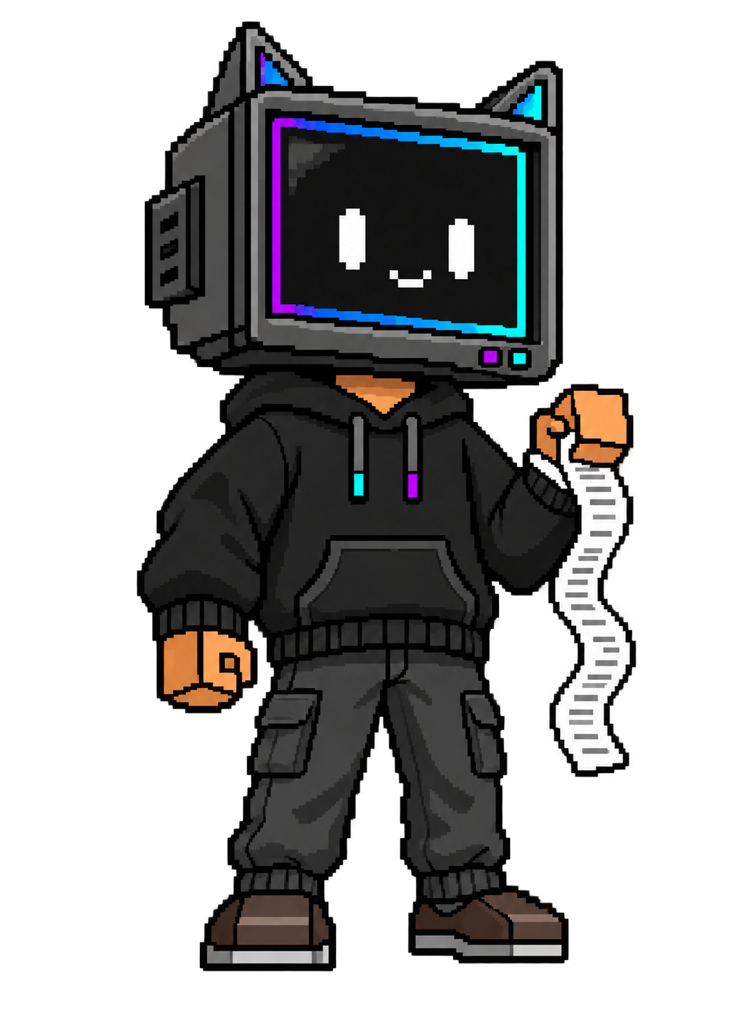 Agent Solana, a pixel-art monitor character in a black hoodie holding a receipt